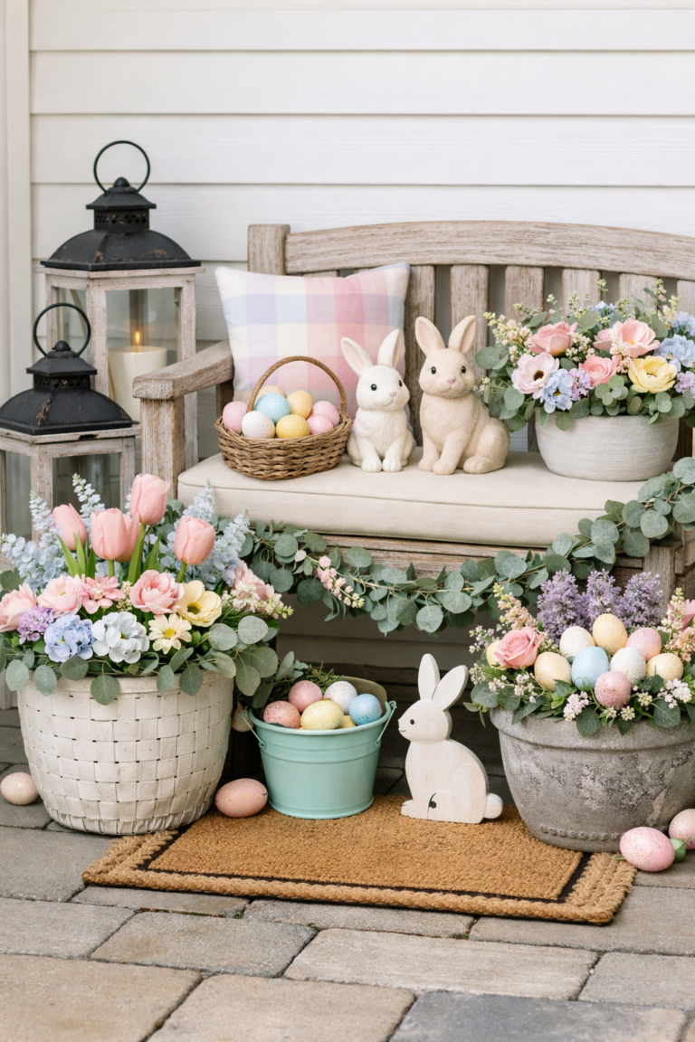 Aesthetic Easter home decor display featuring pastel eggs, spring flowers, and a bunny-themed centerpiece arranged on a light wooden table, creating a cozy and festive spring atmosphere. 🌸🐰🥚