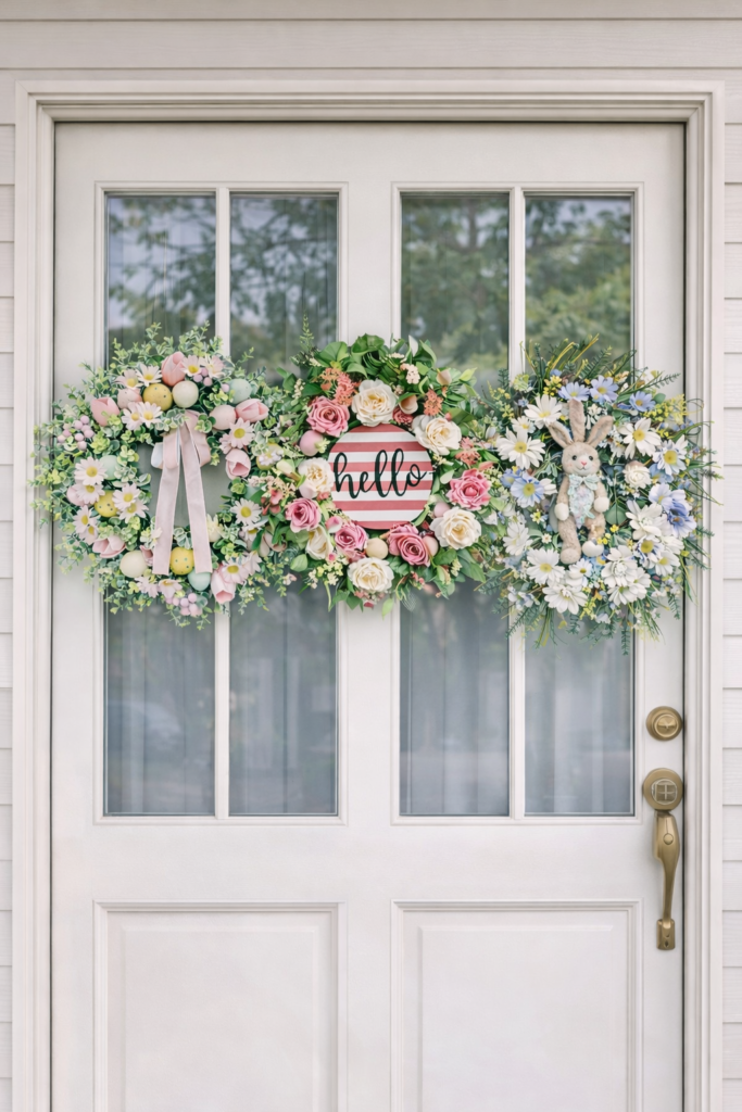 Easter entryway decor featuring a spring wreath with a bunny accent hanging on a front door, surrounded by pastel flowers and seasonal decorations creating a warm and welcoming holiday entrance.