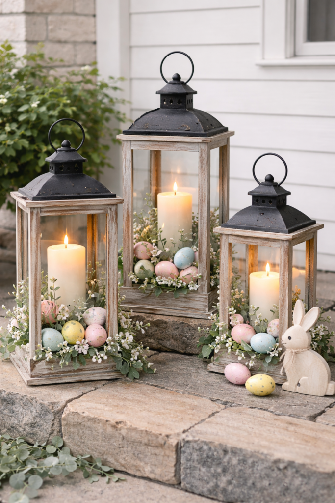 Decorative Easter lantern styled with a bunny figurine, pastel eggs, and spring greenery, creating a cozy and aesthetic bunny-themed holiday decor display. 🐰🕯️🌿
