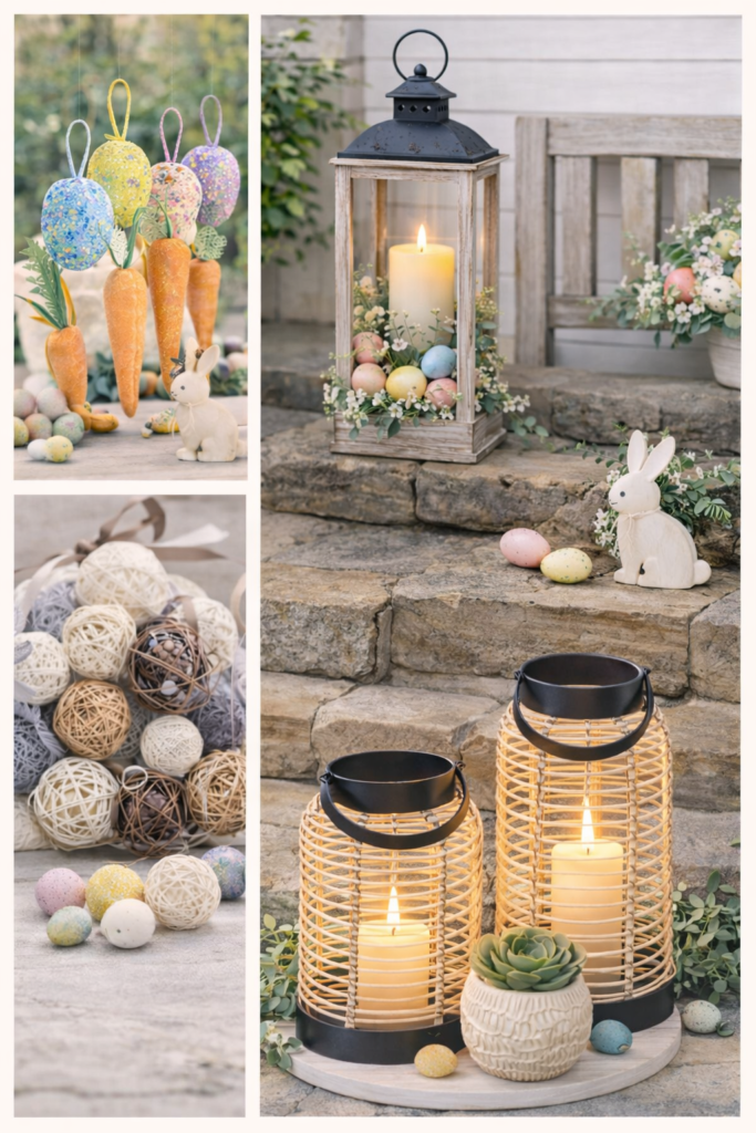 Decorative Easter lantern styled with a bunny figurine, pastel eggs, and spring greenery, creating a cozy and aesthetic bunny-themed holiday decor display. 🐰🕯️🌿