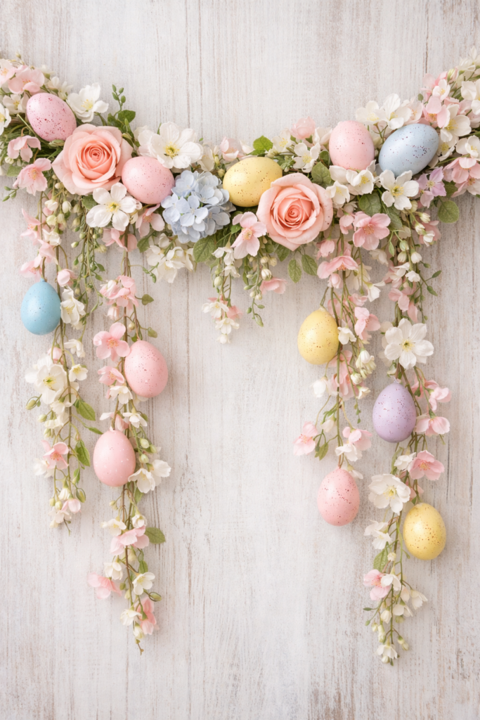 Faux floral garland decorated with pastel Easter eggs and soft spring flowers in blush pink, white, and light blue tones, arranged on a light wooden background for Easter decor.