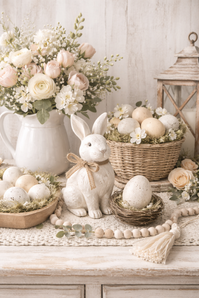 Neutral farmhouse spring decor with fresh flowers in a white pitcher, a decorative bunny figure, and natural Easter egg accents displayed in woven baskets on a rustic wooden table.