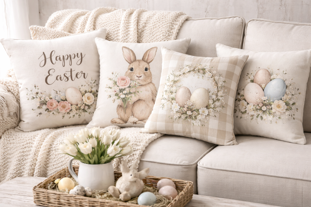 Neutral farmhouse living room with cozy Easter throw pillows featuring bunny, floral, and pastel egg designs on a beige sofa, styled with a knit blanket and a wicker tray holding tulips, a bunny figurine, and decorative Easter eggs.