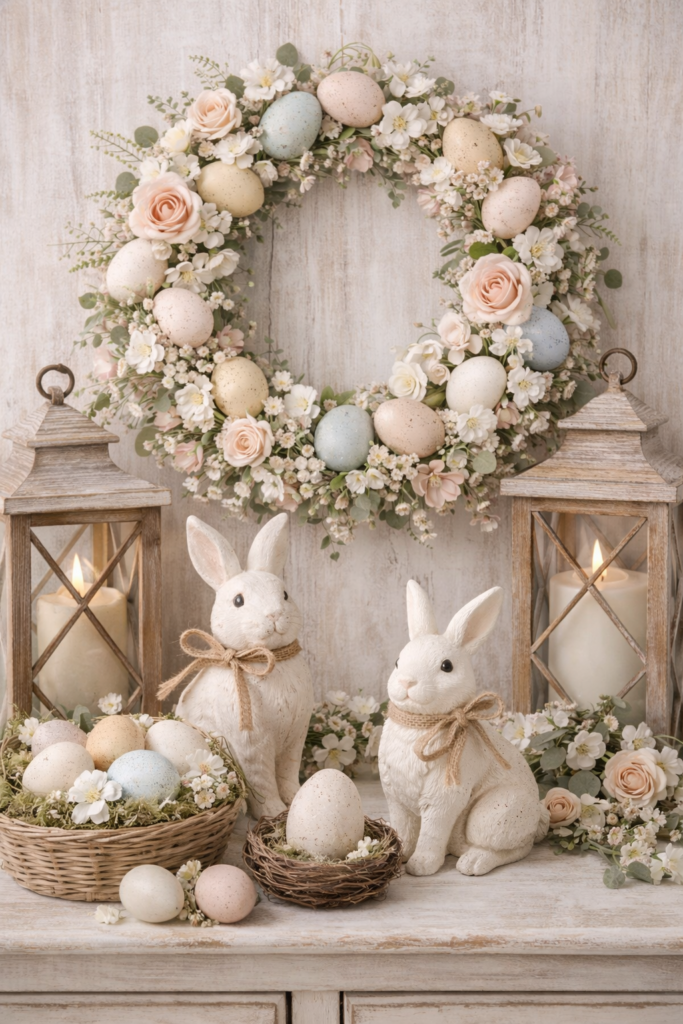 Spring Easter decor featuring a floral wreath with pastel eggs, bunny figurines, rustic lanterns with candles and greenery, and decorative eggs arranged in woven baskets on a neutral farmhouse table.