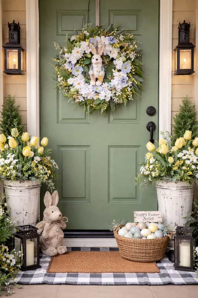 Easter entryway decor featuring a spring wreath with a bunny accent hanging on a front door, surrounded by pastel flowers and seasonal decorations creating a warm and welcoming holiday entrance.