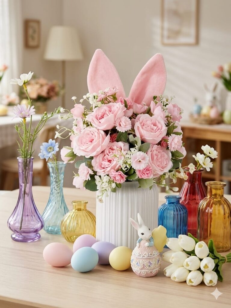 Spring flower arrangement with fresh pastel blooms and greenery displayed in a decorative vase, creating a bright and elegant seasonal home decor centerpiece.