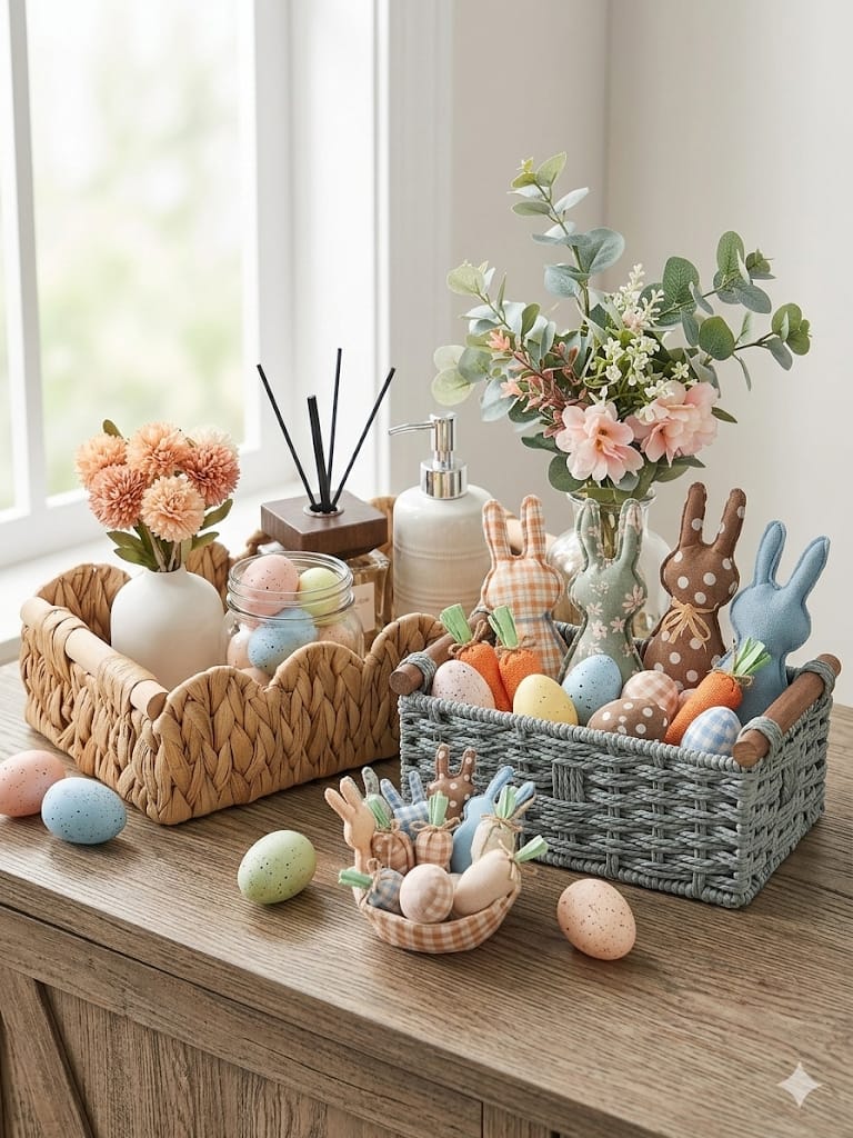 Woven wicker baskets filled with decorative Easter eggs in soft neutral farmhouse colors, styled with spring greenery for a rustic Easter table display. 🧺🥚🌿