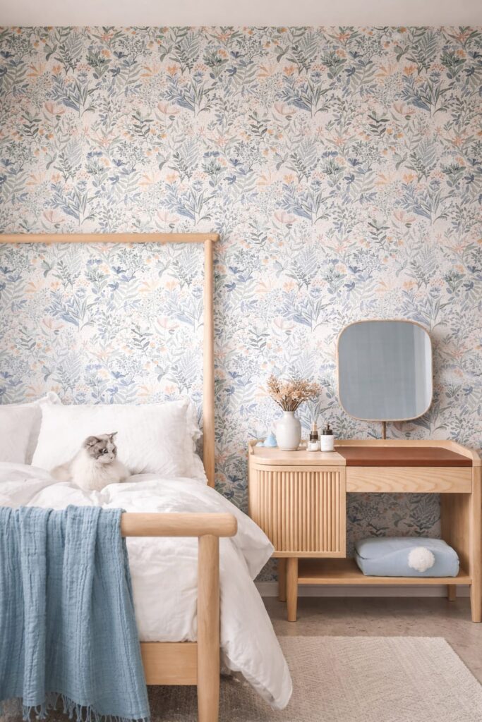 βFloral wall decor idea with blue botanical wallpaper in a cozy bedroom.β