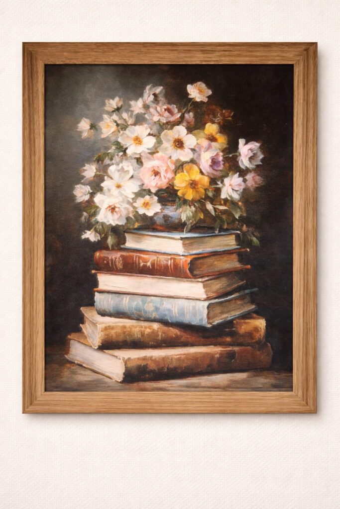Vintage floral wall art featuring a bouquet of soft white, pink, and yellow flowers arranged in a vase placed on a stack of antique books, painted in a classic still-life style with a warm wooden frame against a light textured wall.