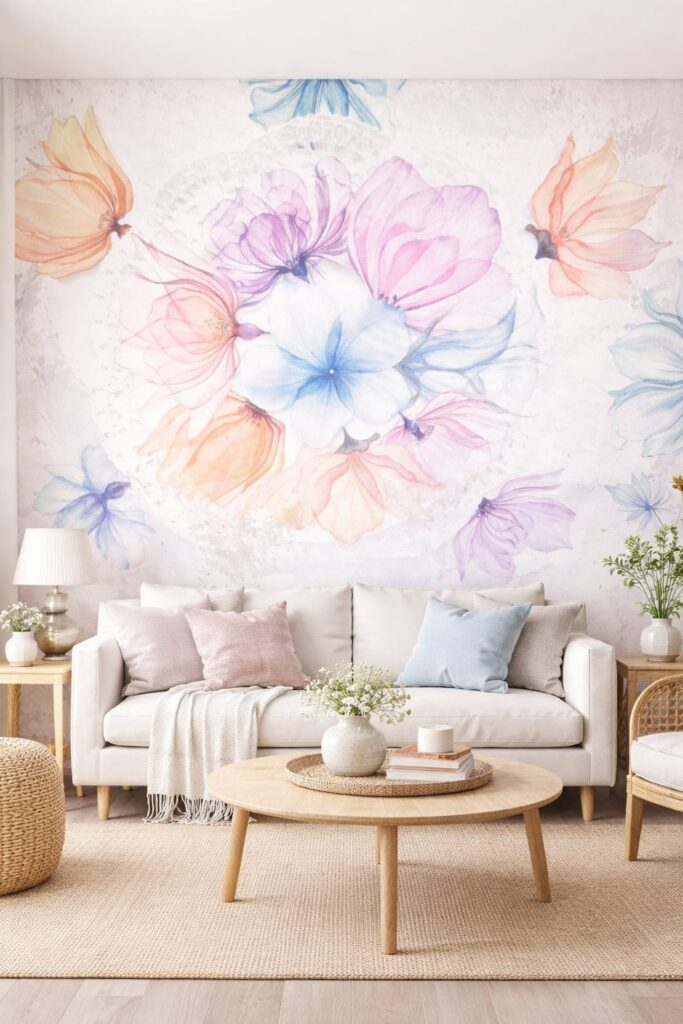 **Alt text:**
Bright living room with a neutral sofa and pastel cushions, featuring a large watercolor floral wall mural in soft pink, blue, and peach tones as the focal point above the couch.