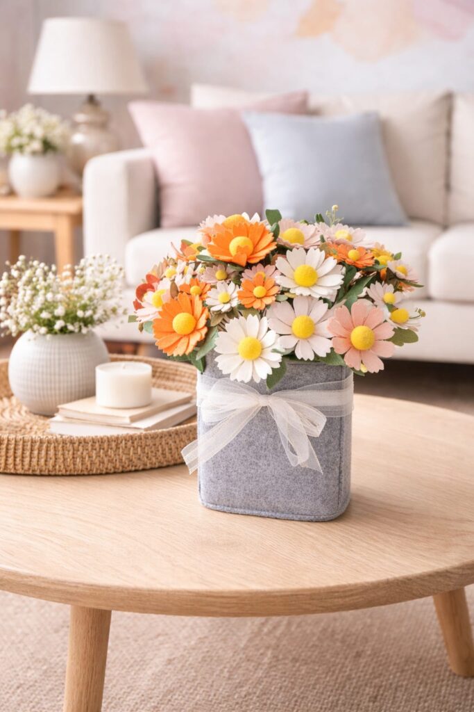 **Alt text:**
DIY floral centerpiece made with colorful paper daisies arranged in a small felt container with a ribbon bow, placed on a wooden coffee table in a cozy pastel-themed living room. πΌ