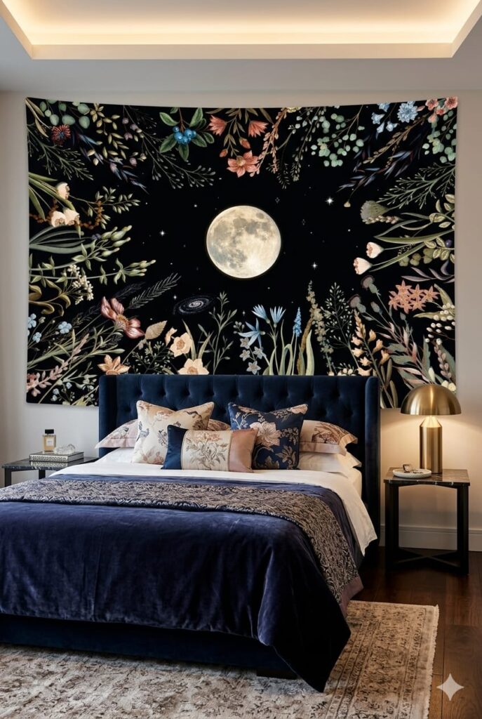 Decorative wall tapestry with artistic pattern used as boho-style wall hanging decor