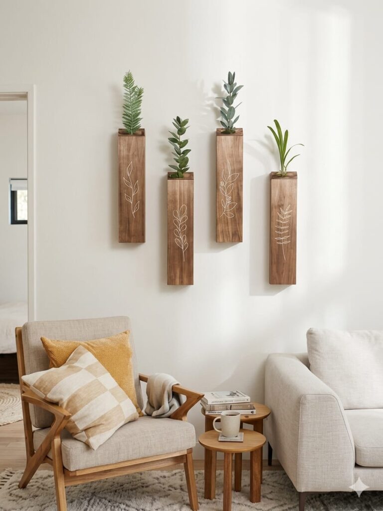 Wooden wall art decor featuring carved vase designs with floral accents, creating a rustic and elegant wall decoration for living room or bedroom. πΏ