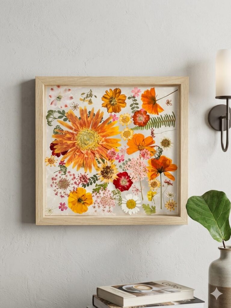 Pressed flower frame art featuring delicate dried flowers arranged in a glass frame, creating a natural botanical wall decor piece for home. πΈ