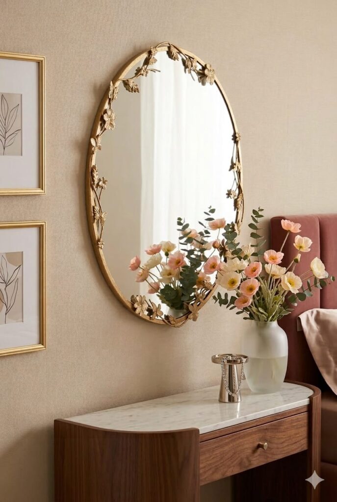 Elegant floral wall mirror with decorative flower accents around the frame, creating a stylish and feminine wall decor piece. πΈ
