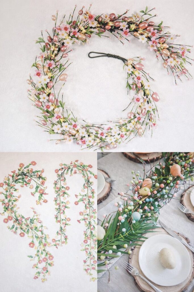 “Collage of three Easter garlands featuring pastel floral wreath garland, pink daisy vine garlands, and a spring table garland with colorful Easter eggs and greenery.” 🌸🥚🌿