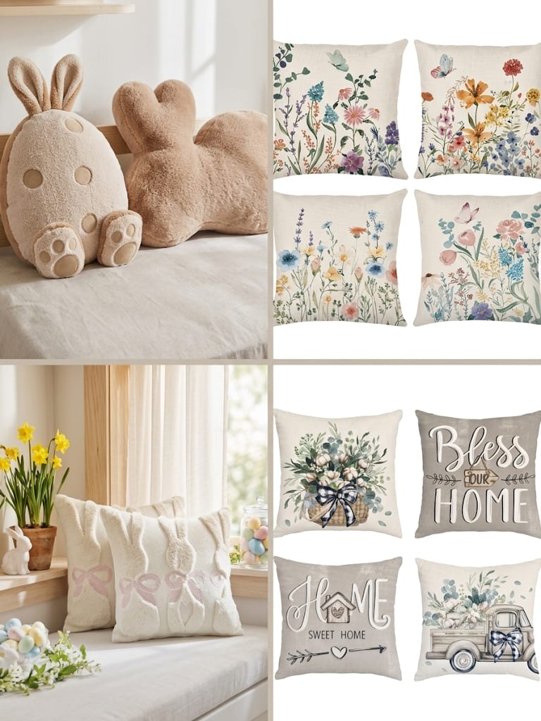 “Easter decor throw pillow covers with floral basket, farmhouse quotes, and vintage truck spring designs.” 🌸🐰