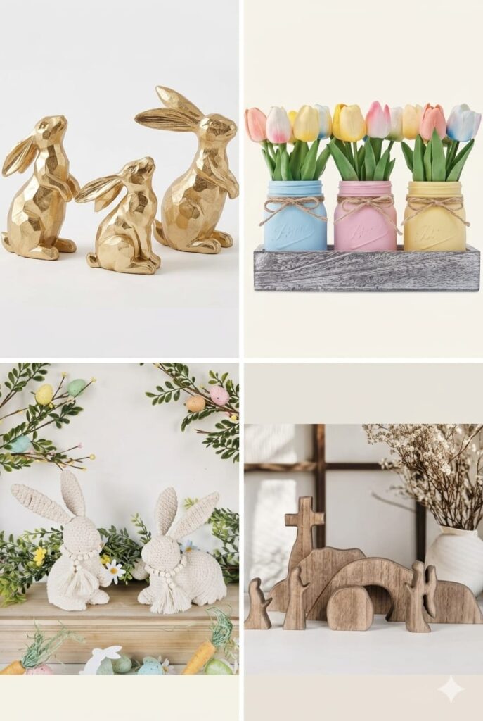 collage of four Easter decor ideas: gold bunny figurines, pastel tulip mason jars, macramé bunnies, and a wooden resurrection scene.