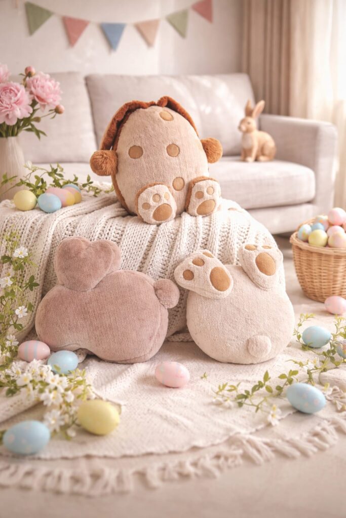 Alt text:
A cozy pastel Easter living room scene with plush animal-shaped cushions arranged on a knitted blanket in front of a light sofa, surrounded by decorative Easter eggs, spring flowers, a wicker basket of eggs, and soft bunting banners in the background, creating a warm and aesthetic spring decor setting.