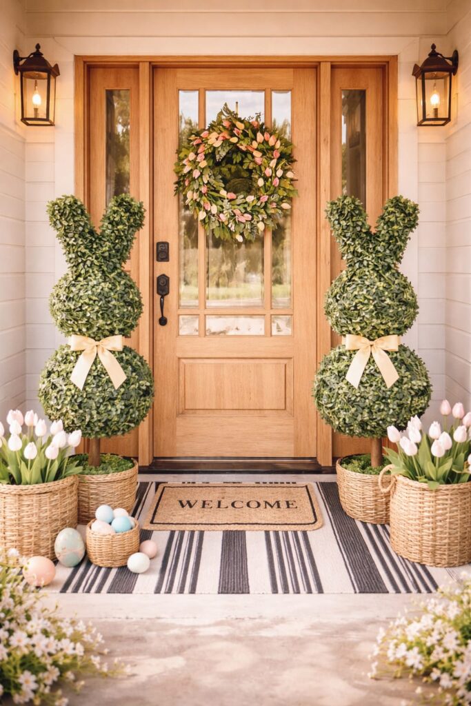 Alt text:
Aesthetic Easter front porch with two bunny-shaped artificial topiary trees tied with cream bows on each side of a wooden front door, decorated with a spring floral wreath, surrounded by wicker baskets of white tulips and pastel Easter eggs on a striped outdoor rug.