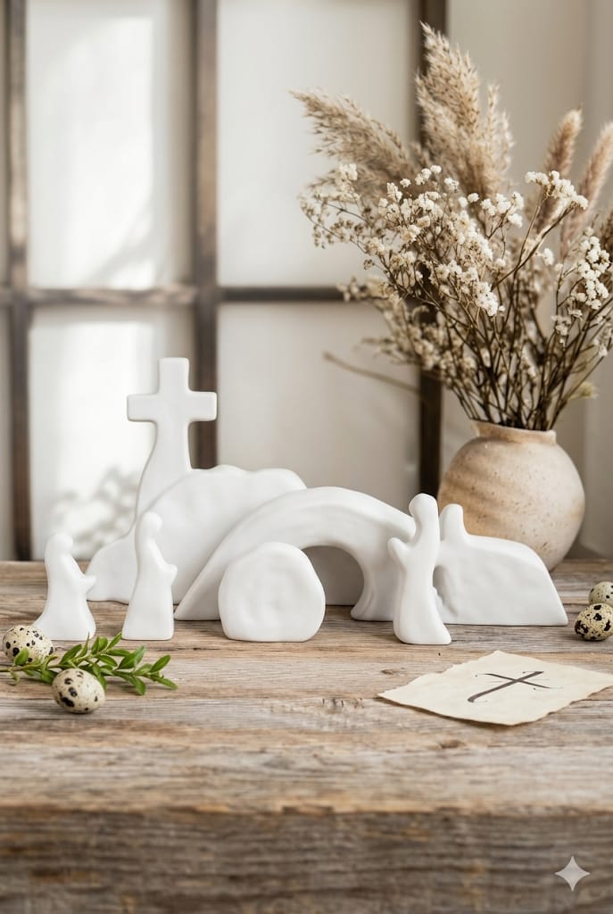 Minimalist Easter decor featuring a white ceramic nativity-style scene with a cross, angel figure, lamb, and empty tomb on a wooden table, styled with soft neutral tones and a vase of delicate spring branches in the background. ✝️🌿